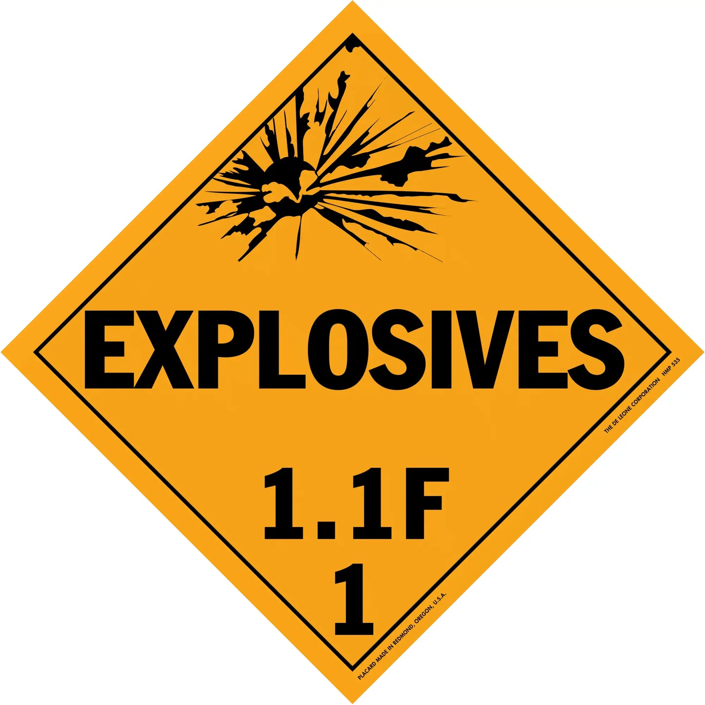 Diamond-shaped orange warning sign for explosives with classification 1.1F.