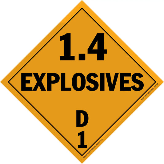 Orange diamond-shaped hazard placard displaying ’1.4 EXPLOSIVES D1’’ in black text.