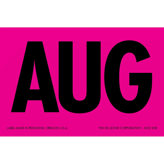 Bold black ’AUG’ text on a bright pink background.