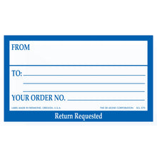 Blue and white shipping label with ’From,’ ’To,’ and ’Your Order No.’ fields.