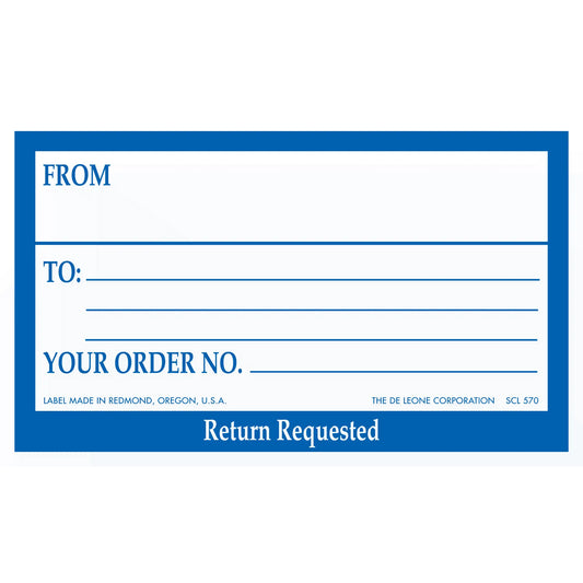 Blue and white shipping label with ’From,’ ’To,’ and ’Your Order No.’ fields.