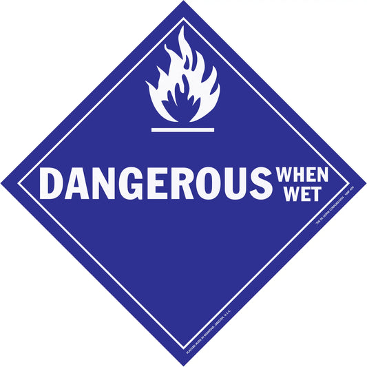 Diamond-shaped blue warning sign with white text reading ’DANGEROUS WHEN WET’ and a flame symbol.