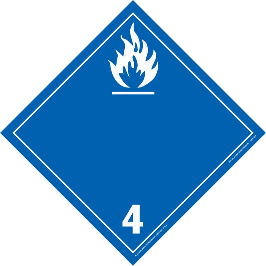 Blue diamond-shaped hazard placard with white flame symbol and number 4, indicating dangerous substances that emit flammable gases when wet.
