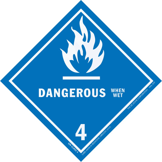 Blue diamond-shaped hazard warning sign with a flame symbol and text ’DANGEROUS WHEN WET 4’’