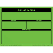 Green bill of lading form with black header bars and blank spaces for pieces, weight, and comments.
