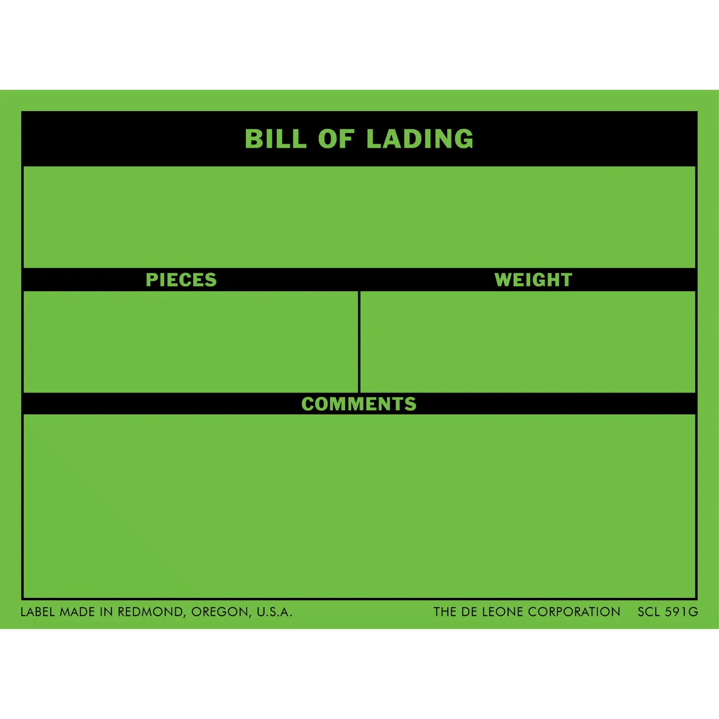 Green bill of lading form with black header bars and blank spaces for pieces, weight, and comments.