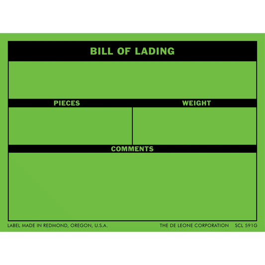 Green bill of lading form with black header bars and blank spaces for pieces, weight, and comments.