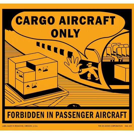 Warning sign indicating cargo aircraft restrictions with black and orange pictorial design.
