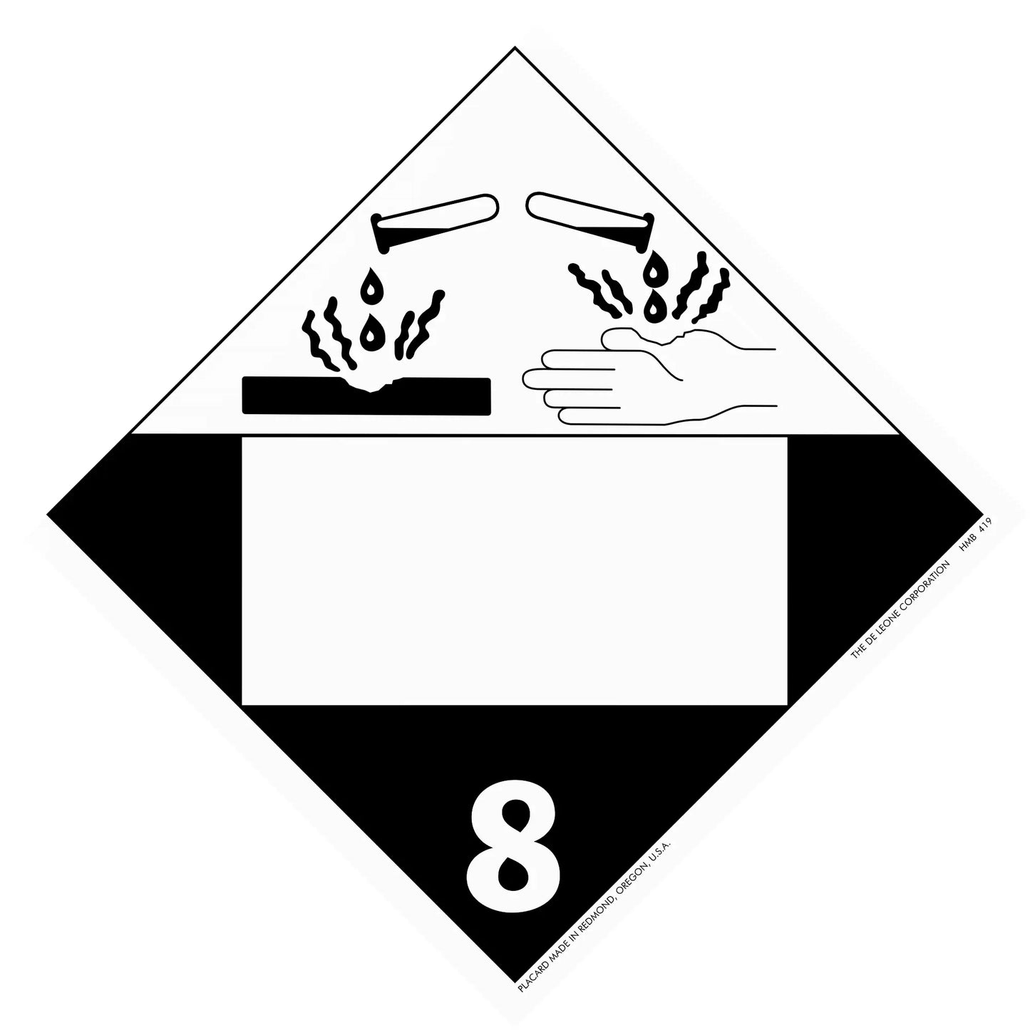 Hazardous materials warning placard with corrosive symbol (Class 8).