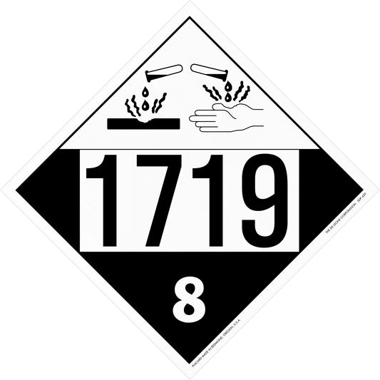 Hazardous materials placard with number 1719 and corrosive symbol in class 8 diamond.