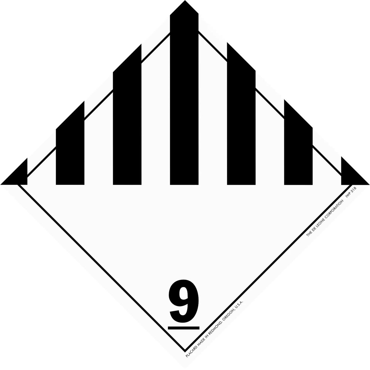 Black and white hazardous materials placard with class 9 miscellaneous dangerous goods symbol.