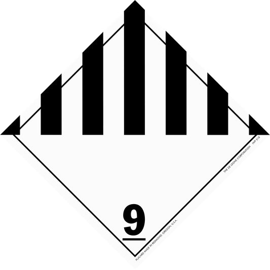 Black and white hazardous materials placard with class 9 miscellaneous dangerous goods symbol.