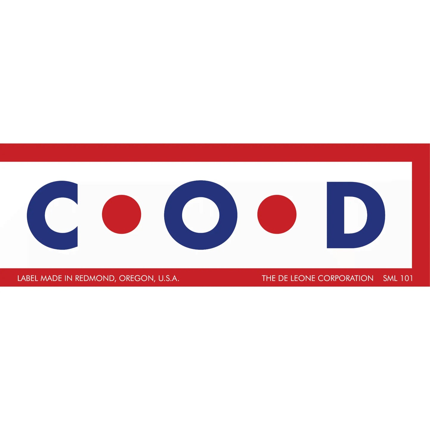 Simple logo design spelling ’COOD’ with red dots between letters on a white background with red borders.