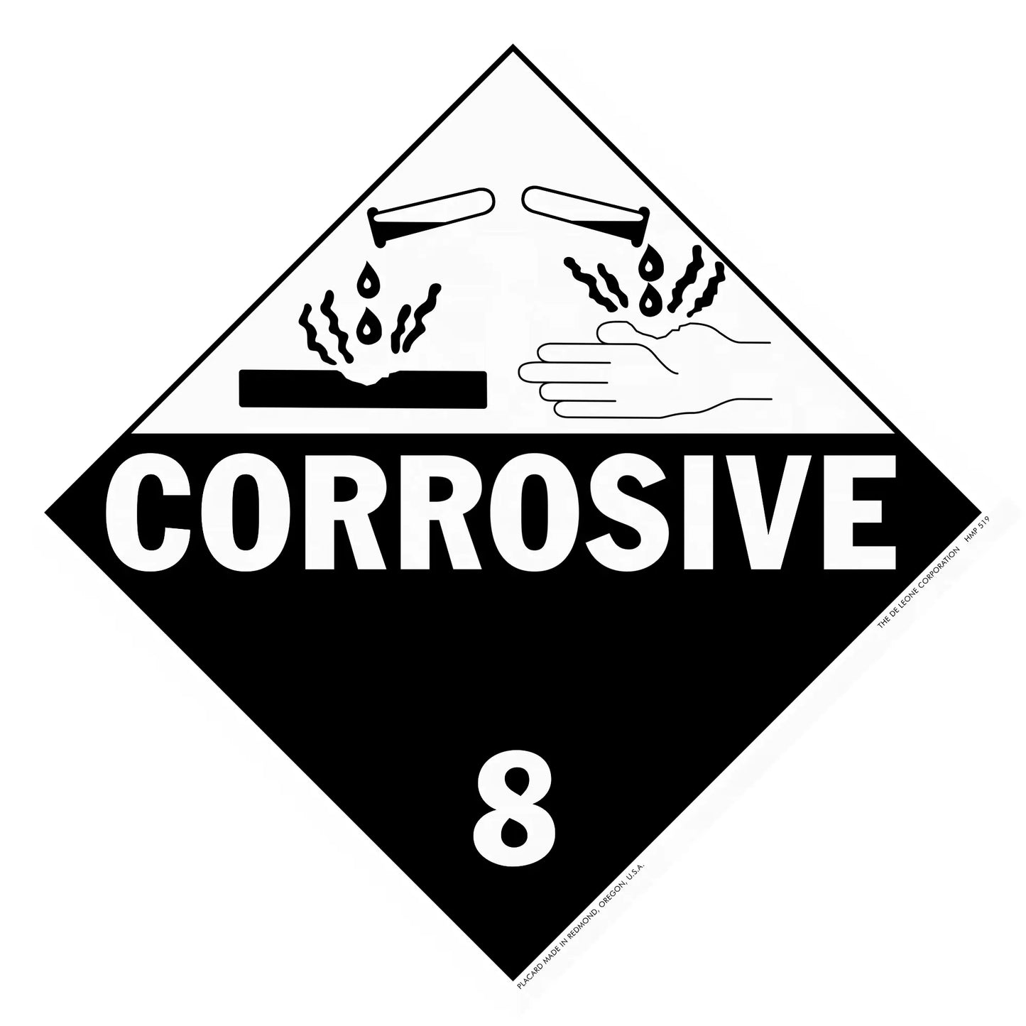 Black and white diamond-shaped hazard warning sign for corrosive materials with the number 8.