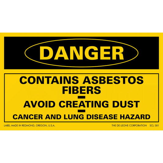 Yellow and black warning sign about asbestos fiber hazards.