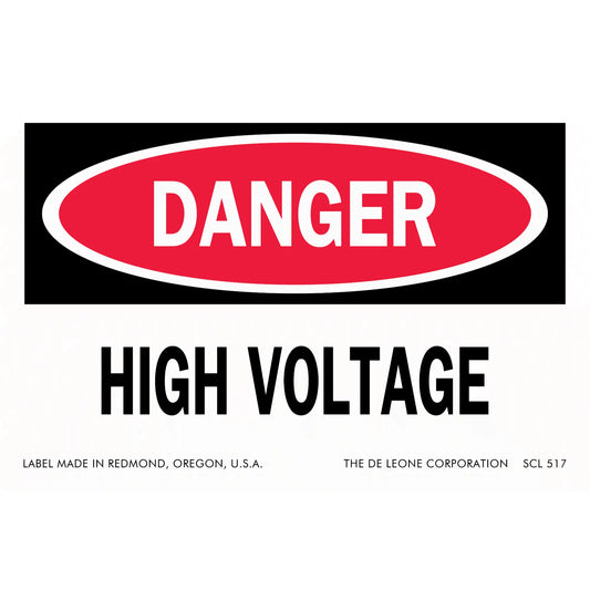 Red and white ’DANGER HIGH VOLTAGE’ warning sign.