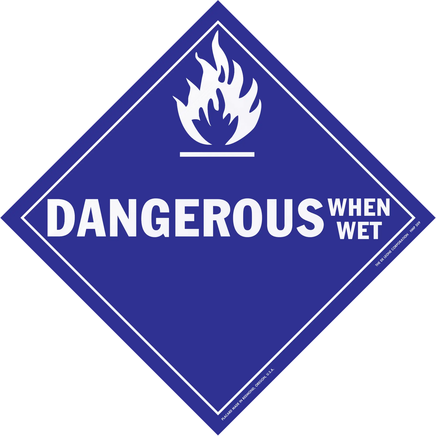 Diamond-shaped blue warning sign with ’DANGEROUS WHEN WET’ text and flame symbol.