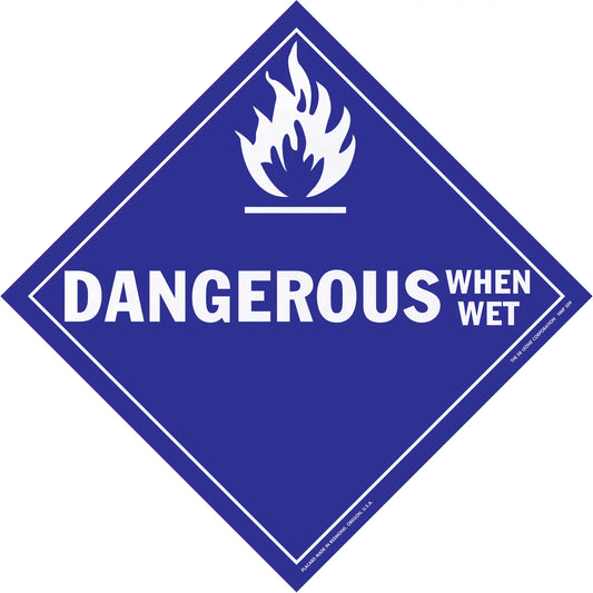 Diamond-shaped blue warning sign with ’DANGEROUS WHEN WET’ text and flame symbol.