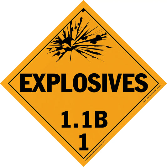 Diamond-shaped orange warning sign for explosives class 1.1B hazardous materials.