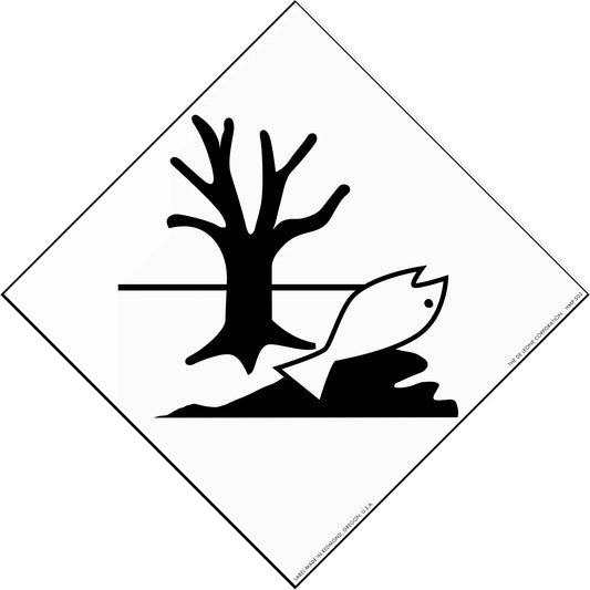 Black and white hazard symbol showing a dead tree and fish representing environmental danger.
