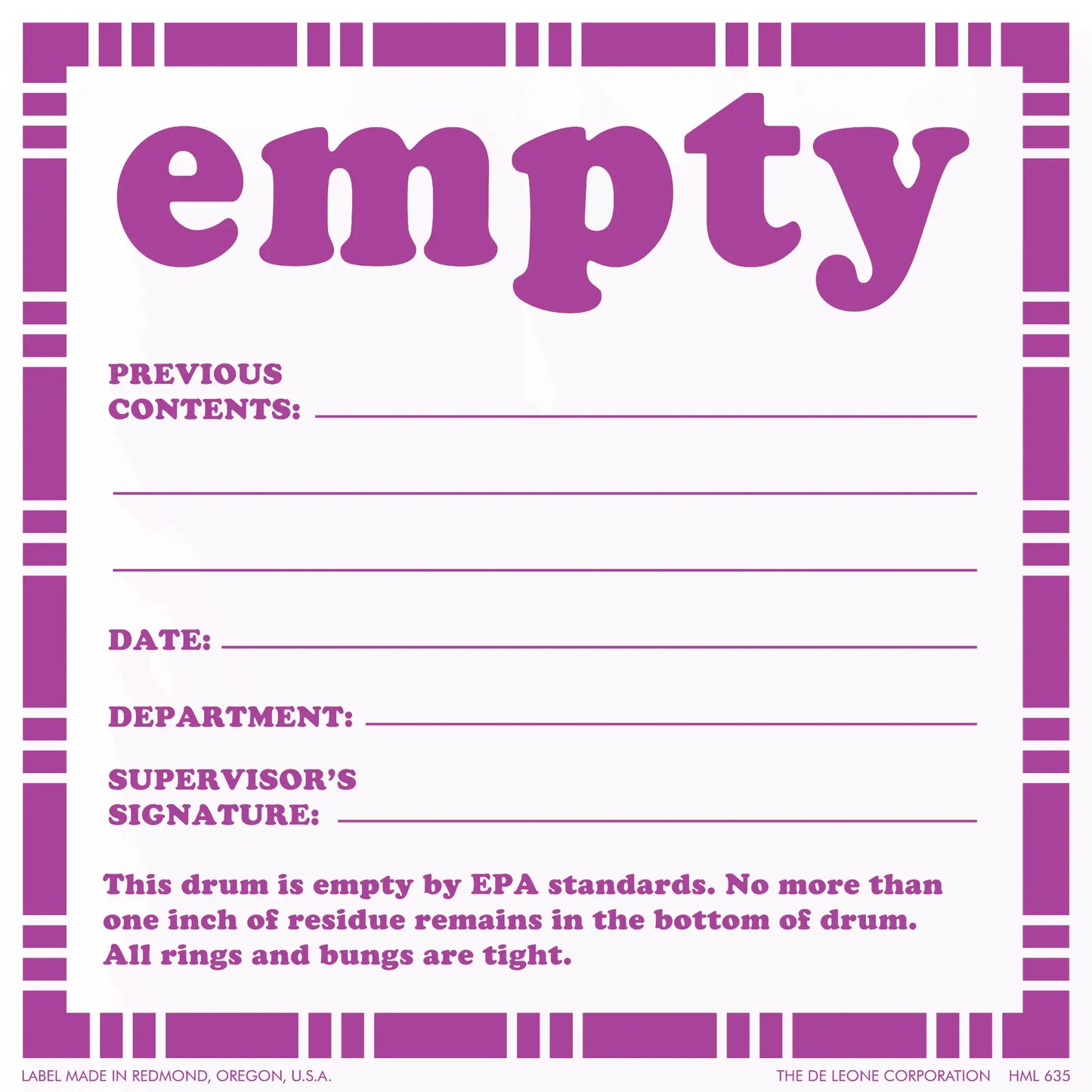 Purple ’EMPTY’ label sticker for hazardous waste drums with EPA compliance information.