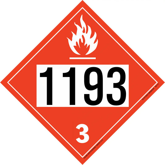 Red diamond-shaped hazmat placard displaying ’1193’’ and ’3’’ with a flame symbol.