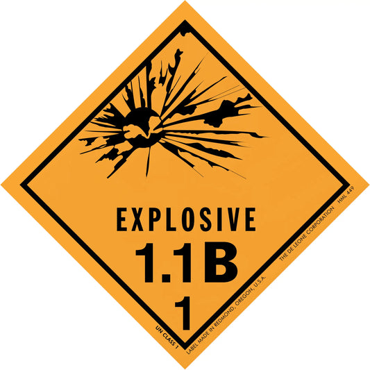 Diamond-shaped orange warning sign displaying ’EXPLOSIVE 1.1B 1’’ with a black explosion symbol.