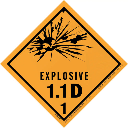 Orange diamond-shaped hazard warning sign for Explosive Class 1.1D materials.