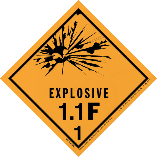 Diamond-shaped orange warning sign displaying ’EXPLOSIVE 1.1F 1’’ with an explosion symbol.