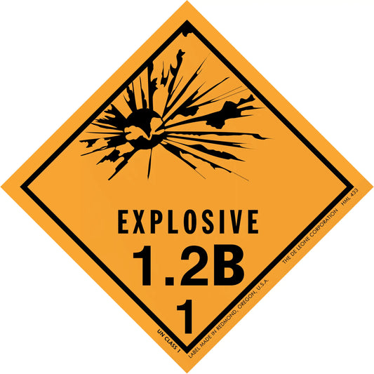 Diamond-shaped orange warning sign displaying ’EXPLOSIVE 1.2B 1’’ with a black explosion symbol.