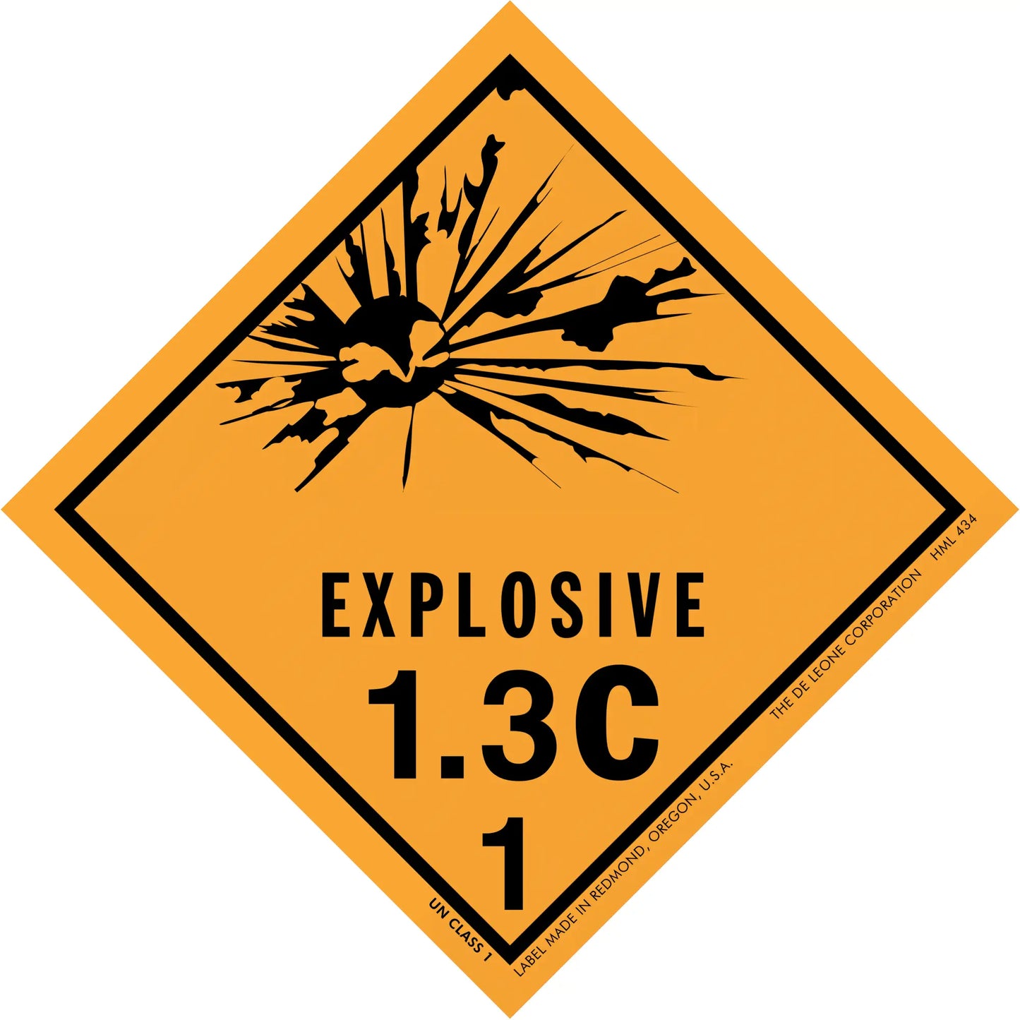 Orange diamond-shaped hazard warning sign for Explosive 1.3C materials.