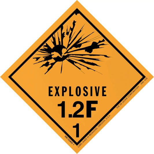 Diamond-shaped orange warning sign displaying ’EXPLOSIVE 1.2F 1’’ with a black explosion symbol.