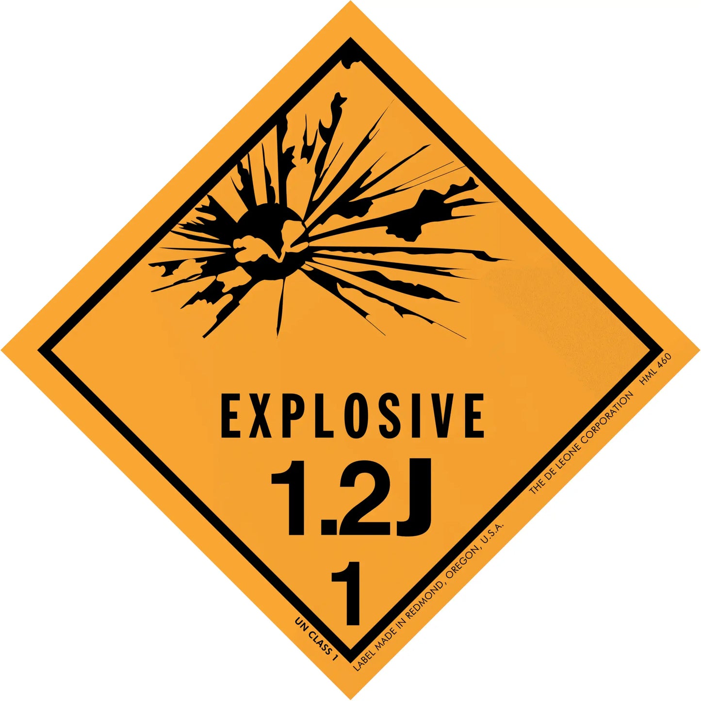 Diamond-shaped orange warning sign for explosive hazard class 1.2J.