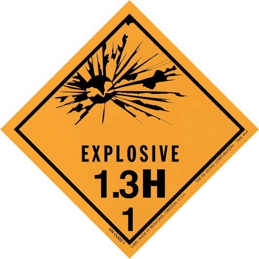 Orange diamond-shaped hazard warning sign for Explosive 1.3H materials with explosion symbol.