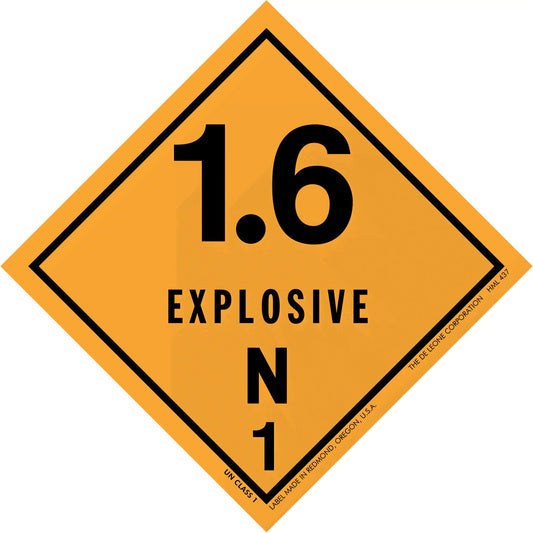 Orange diamond-shaped hazard placard displaying ’1.6 EXPLOSIVE N 1’’ warning symbol.