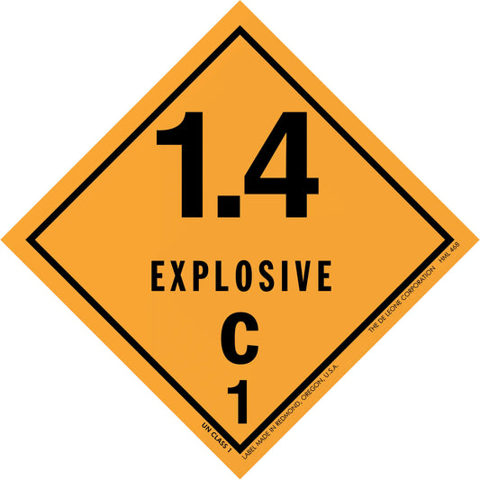 Diamond-shaped orange hazard placard displaying ’1.4 EXPLOSIVE C 1’’ warning symbol.