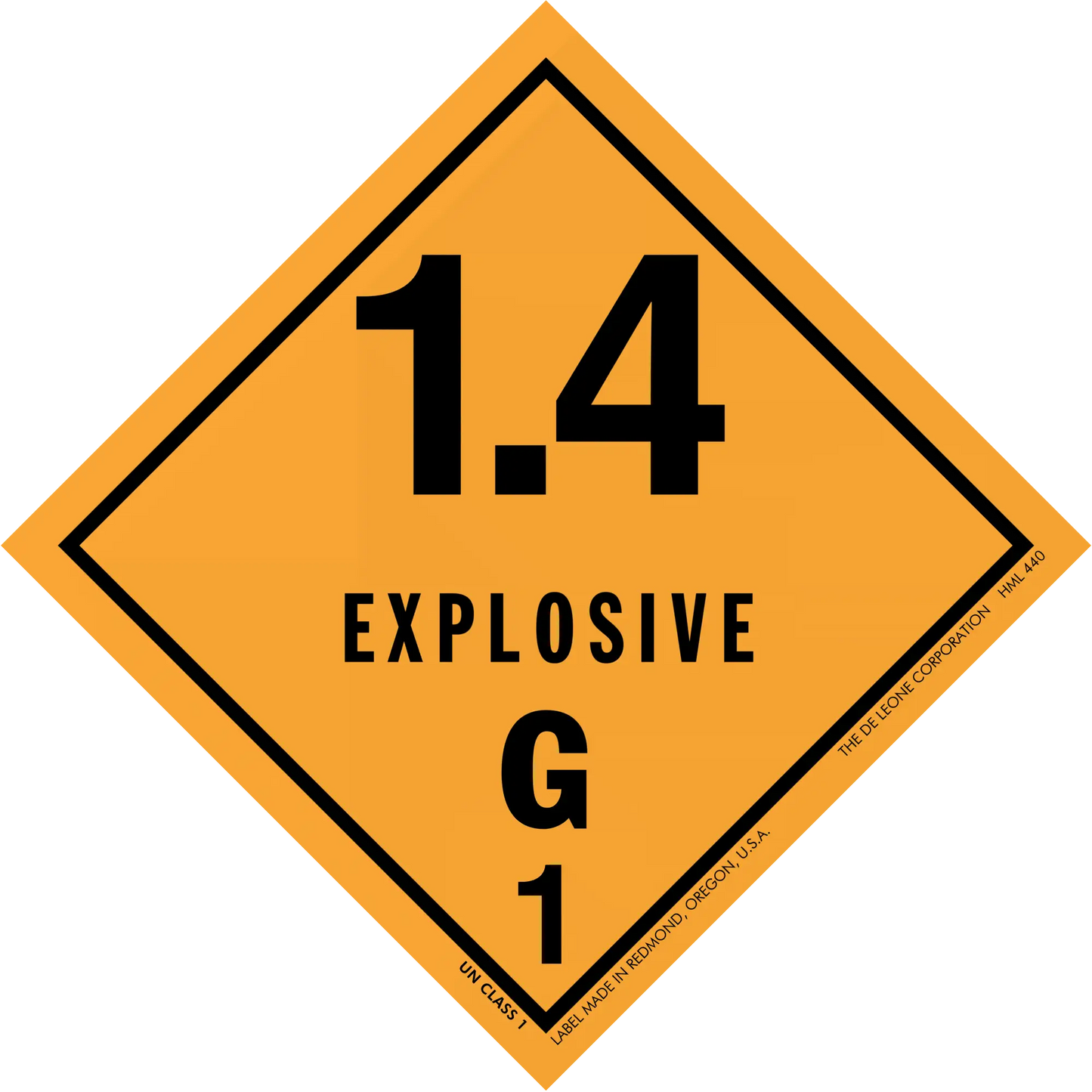 Diamond-shaped orange hazard placard displaying ’1.4 EXPLOSIVE G 1’’ warning symbol.