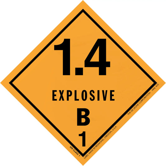 Diamond-shaped orange warning sign displaying ’1.4 EXPLOSIVE B 1’’ hazard classification.