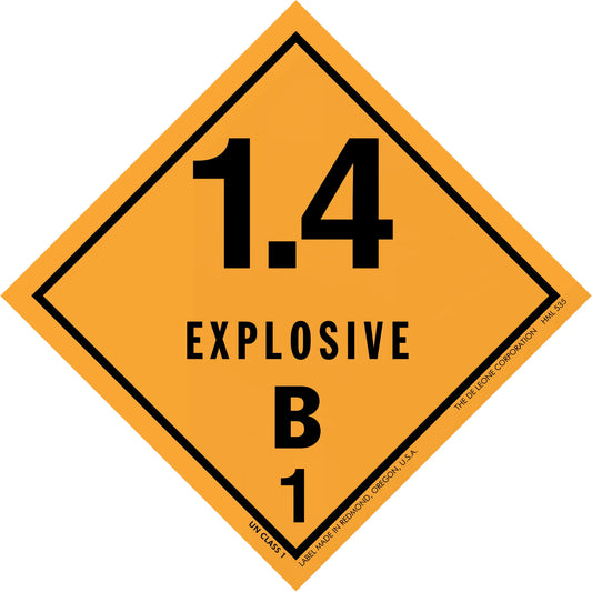 Diamond-shaped orange hazard placard displaying ’1.4 EXPLOSIVE B 1’’