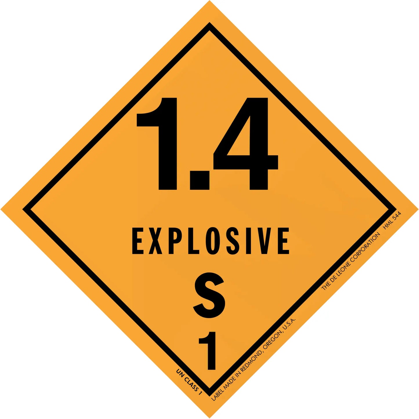 Diamond-shaped orange hazard placard displaying ’1.4 EXPLOSIVE S 1’’ warning symbol.
