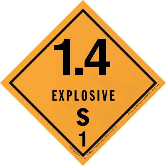 Diamond-shaped orange hazard placard displaying ’1.4 EXPLOSIVE S 1’’ warning symbol.