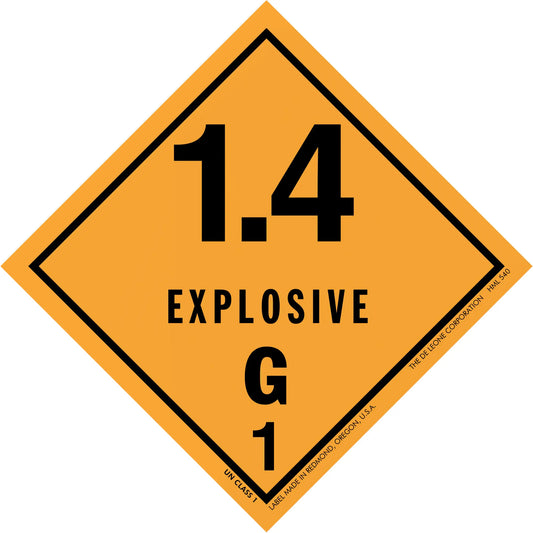 Diamond-shaped orange warning sign displaying ’1.4 EXPLOSIVE G 1’’ hazard label.