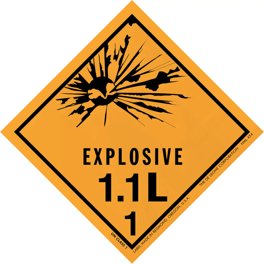 Diamond-shaped orange warning sign for explosive materials labeled ’EXPLOSIVE 1.1L 1’’ with a black explosion symbol.