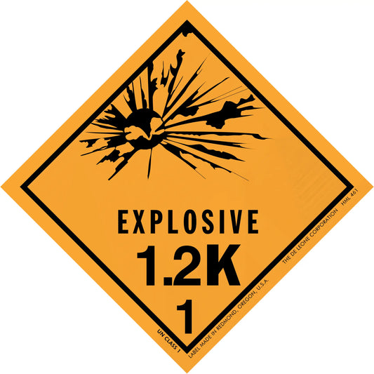 Orange diamond-shaped hazard warning sign for explosive materials labeled ’EXPLOSIVE 1.2K 1’’ with a black explosion symbol.