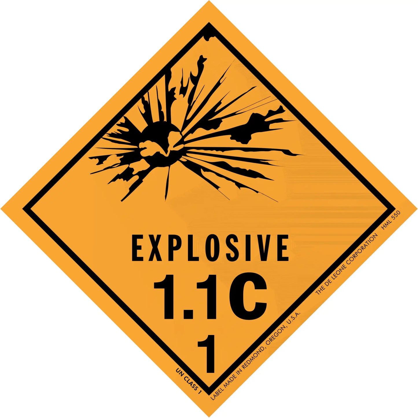 Diamond-shaped orange warning sign for Explosive hazard class 1.1C materials.