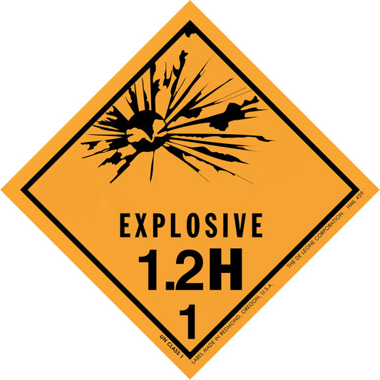 Diamond-shaped orange hazard warning sign for explosive material class 1.2H.