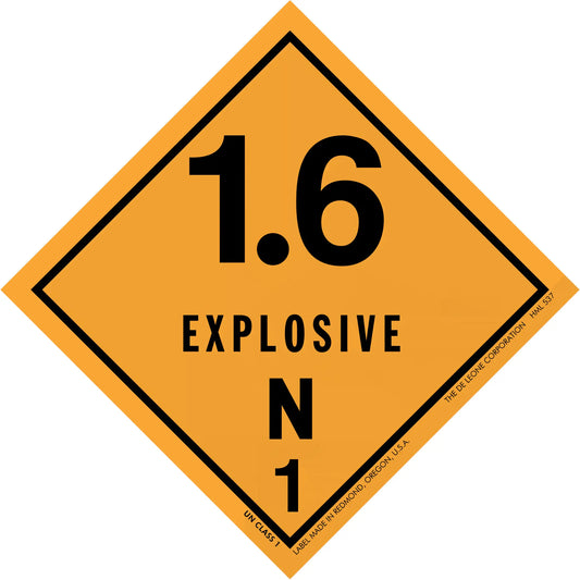 Orange diamond-shaped hazard placard displaying ’1.6 EXPLOSIVE N 1’’