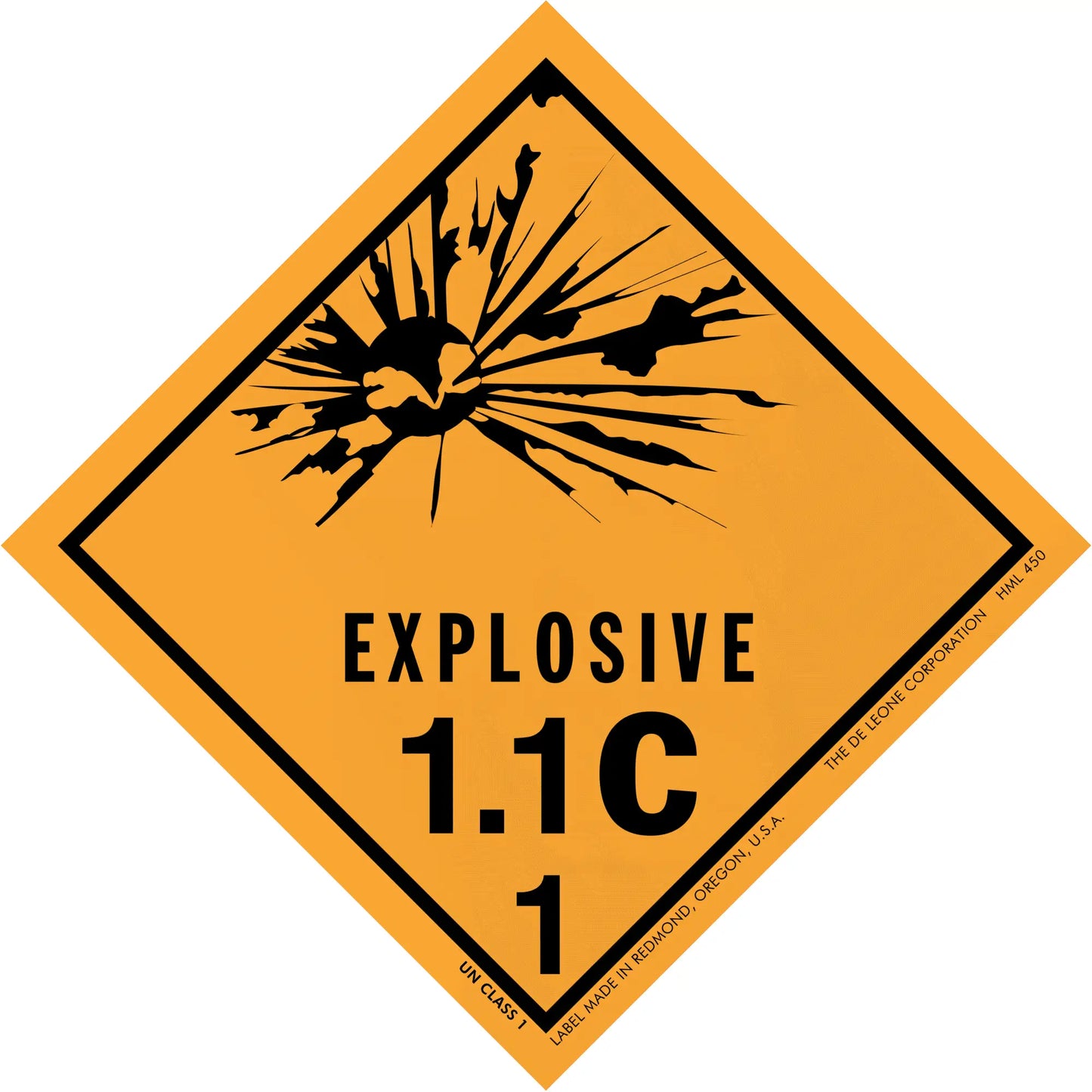 Diamond-shaped orange warning sign displaying ’EXPLOSIVE 1.1C 1’’ with a black explosion symbol.