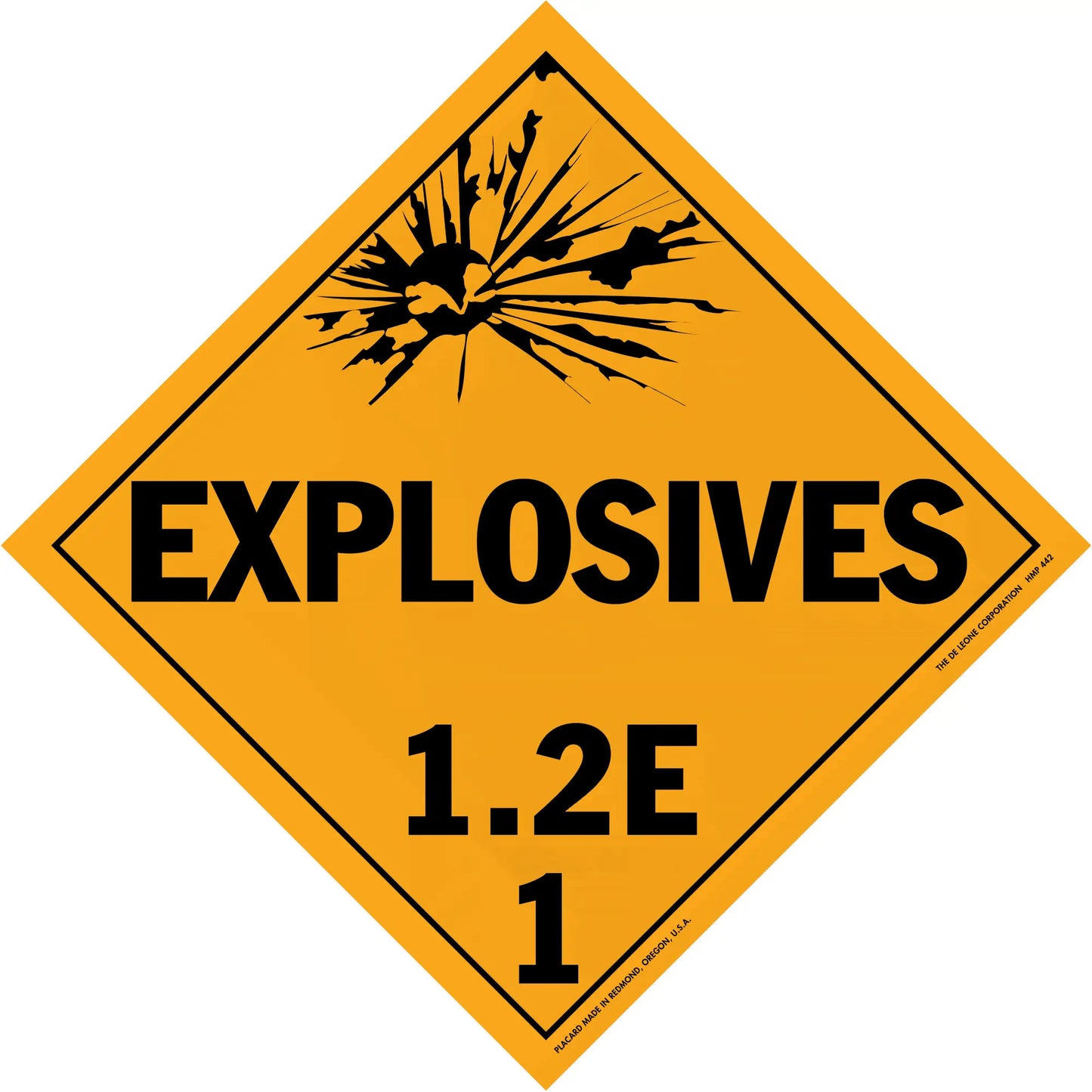Diamond-shaped orange warning sign for explosives with classification 1.2E.
