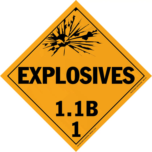 Diamond-shaped orange warning sign for explosives hazard class 1.1B.